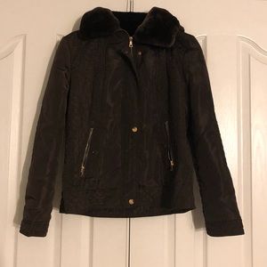 Brown Winter Jacket with Faux Collar and Hood